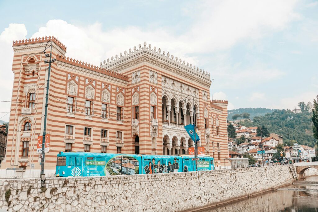 Sarajevo City Hall Vijećnica near Miljacka River